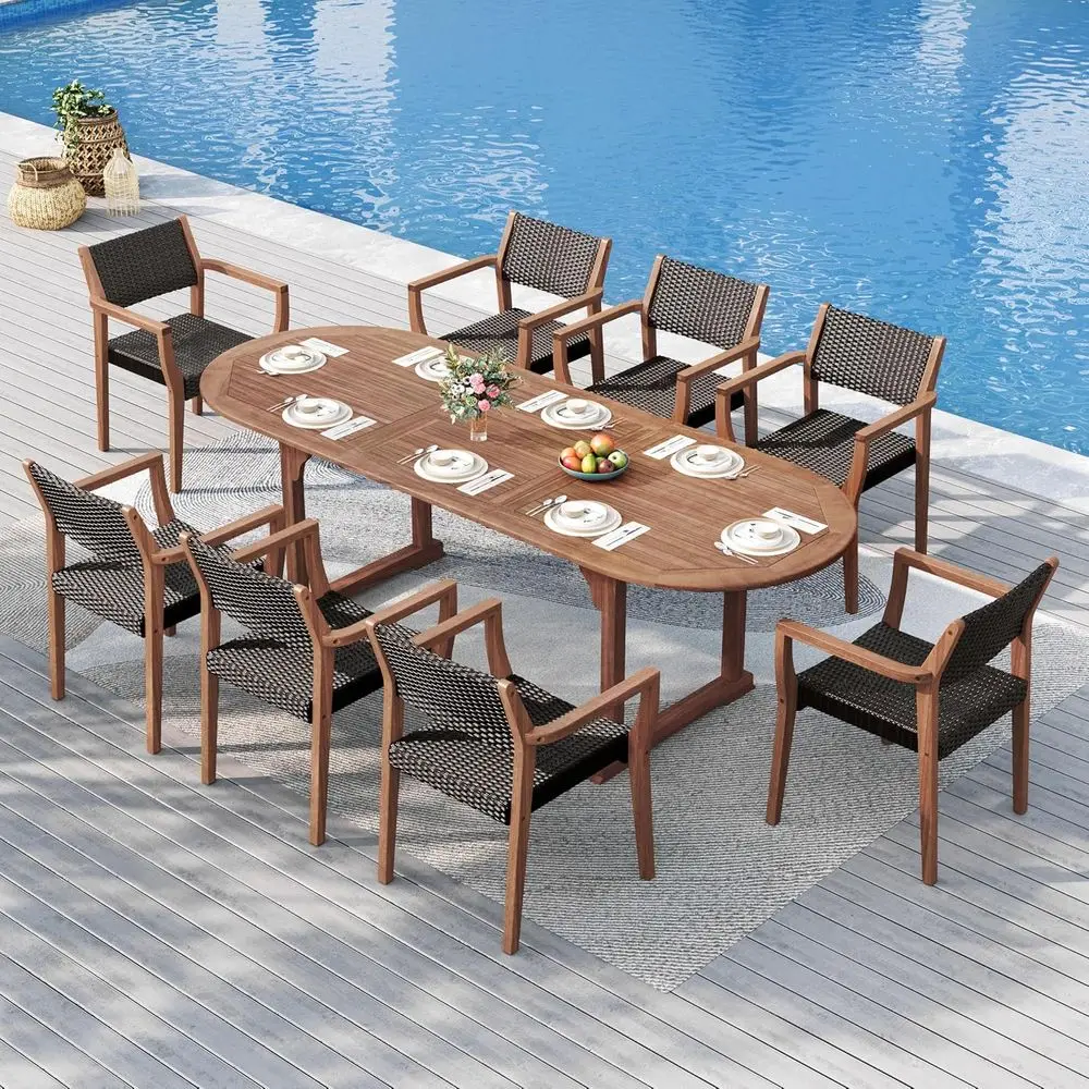 

Acacia Wood Expandable Patio Dining Set with Rattan Chairs for 8-9 People, Ideal for Outdoor Decks and Porches