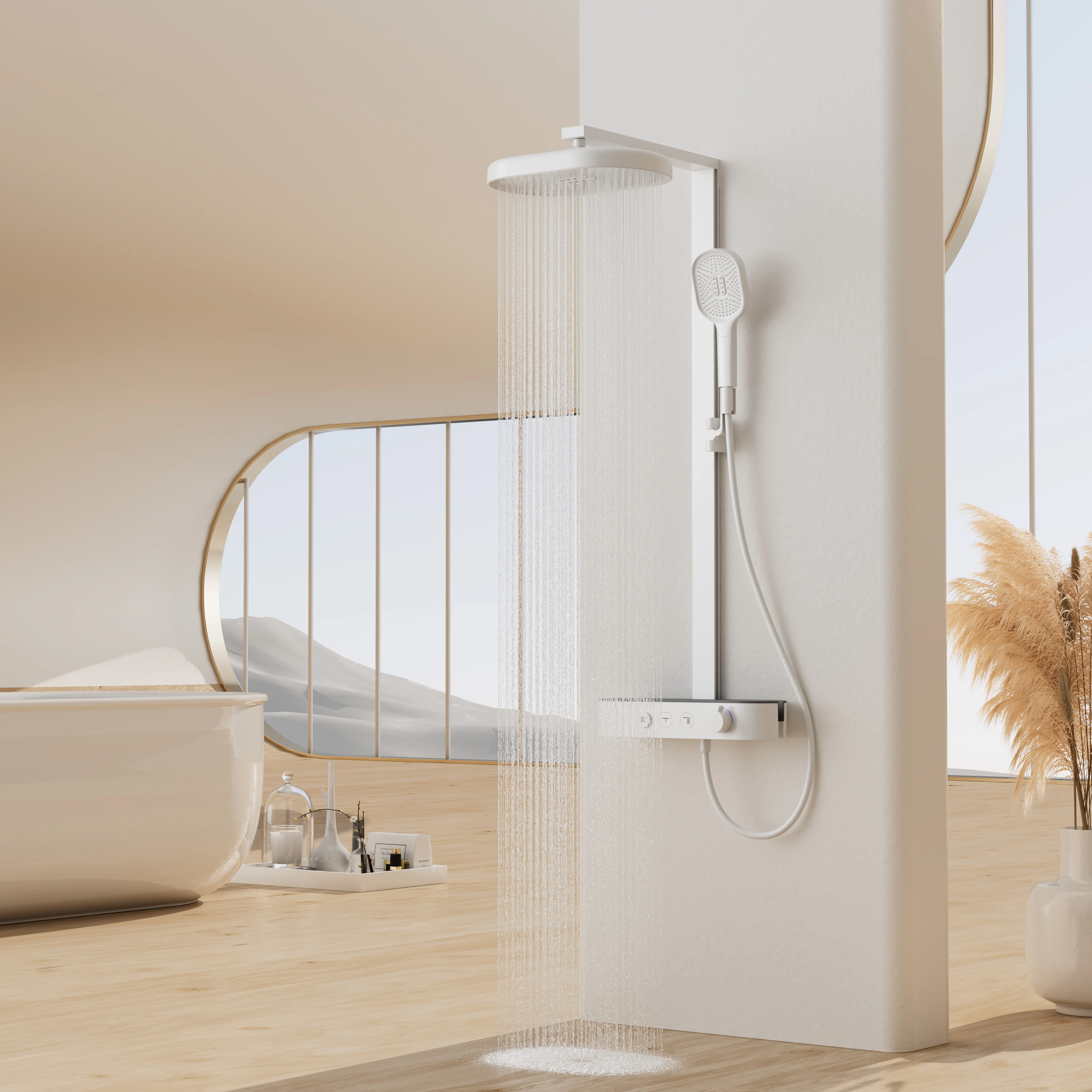 Simple Chrome White Gun Gray Wall-Mounted Brass Shower Faucet Set Rain Jet Soft Spray Independent Storage Option for Bathroom