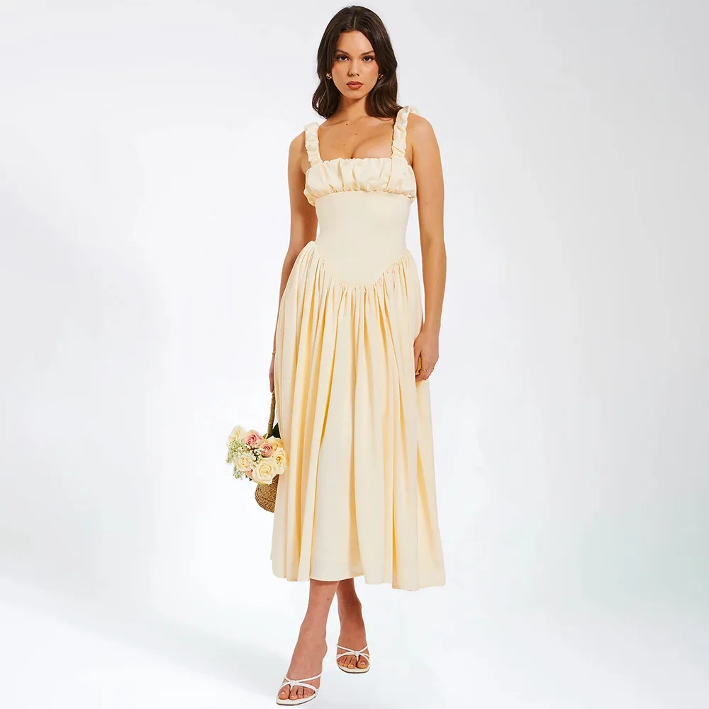 Wiosenna Wyprzedaż 2025 Nowa Seksowna Elegancka Sukienka Długa z Kwadratowym Dekoltem, Ramiączkami i Odkrytymi Plecami