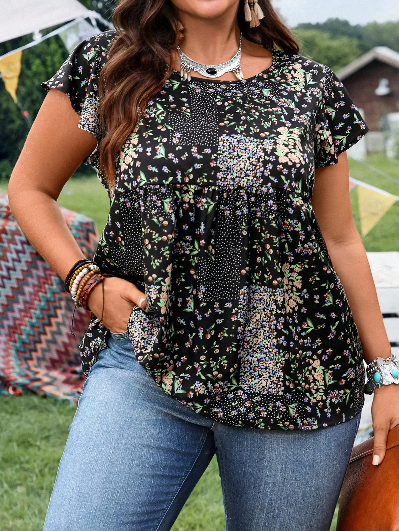 

Летняя рубашка в стиле бохо с цветочным принтом для отдыха, больших размеров