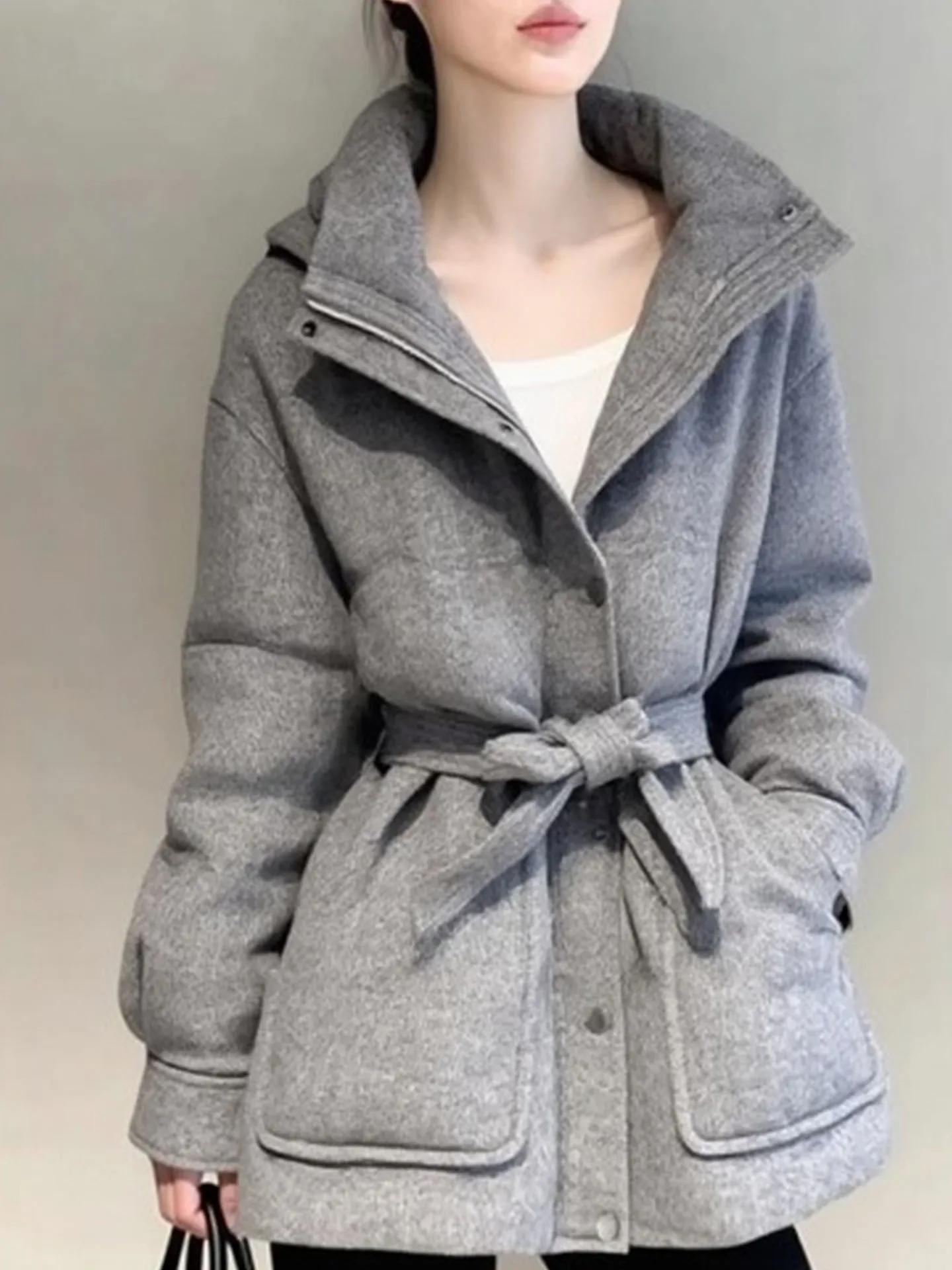 Ele ey Casaco feminino de comprimento médio com capuz Jaet Thi quente e emagrecedor casual Sle Stand Fit branco Du down