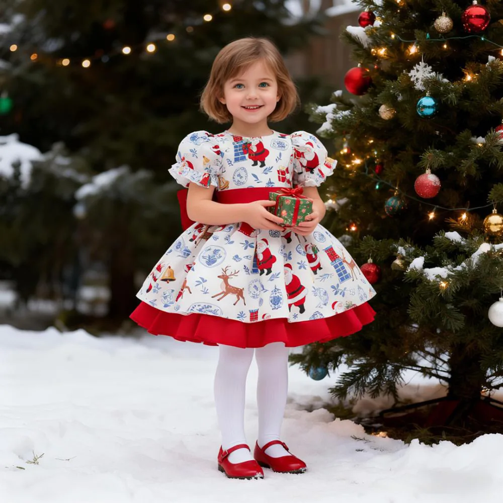 2026 New Year Dress For Baby Girls Princess Dress Red Patchwork Xmas Gift Deer Print Christmas Dresses Christmas Gift For Girls