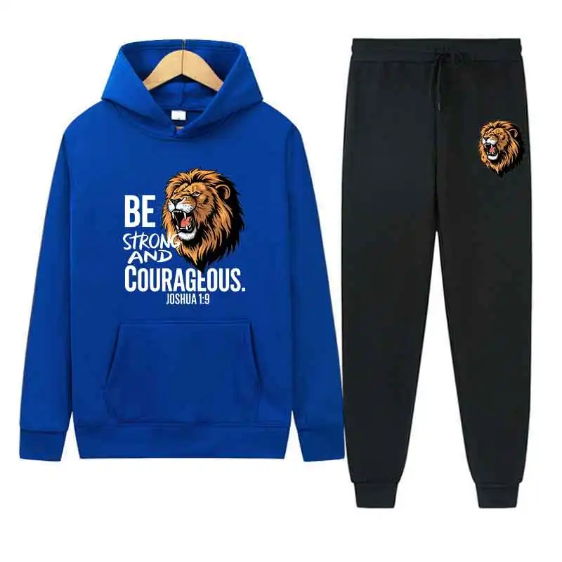 Primavera outono masculino leão impressão casual 2pc define personalidade sweatshirts rua moda esportes terno com capuz topos calça fina