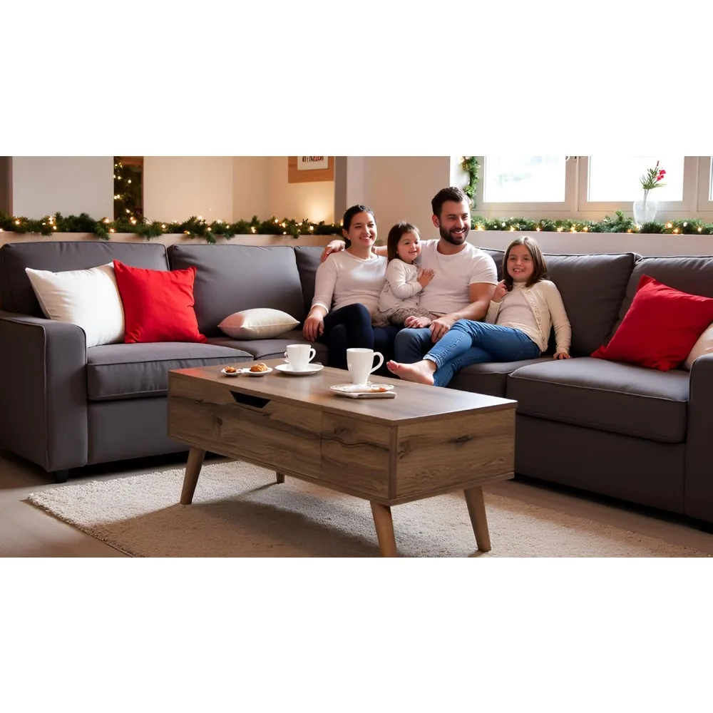 Lift-Top Coffee Table with Hidden Storage and 2 Open Cubbies, Coffee Table with Storage for Living Room, Center Table for Living