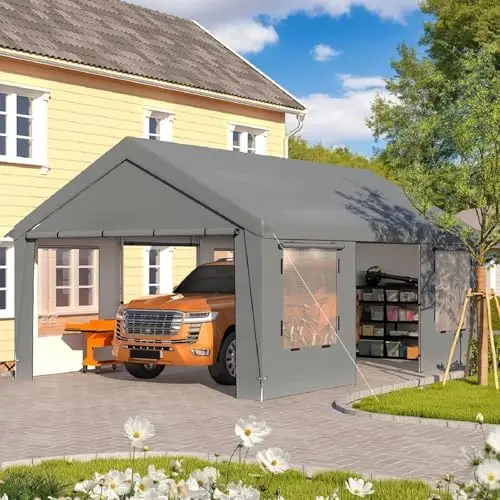 13x20 Ft Heavy Duty Carport, Portable Garage with Steel Frame & UV Protection, Removable Sidewalls All-Season Canopy