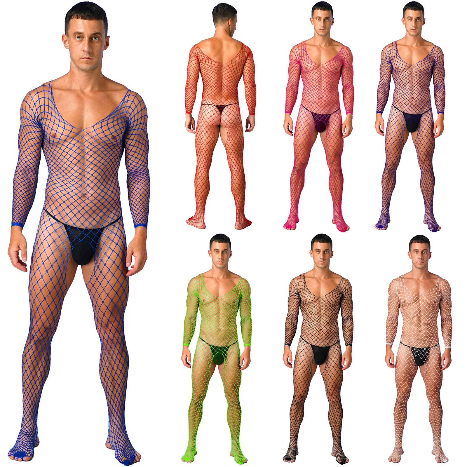 Gay Mens Sexy Lingerie Exotic Fishnet Bodystocking Jumpsuit Mesh Net See-through Long Sleeve Bodysuit Sleepwear Club Wear