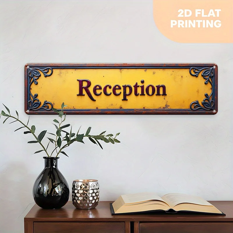 Flaches, großes, verziertes Empfangsschild im Vintage-Stil von 2D – Willkommens-/Empfangsschild aus robustem Aluminium mit goldenem Schriftzug und dunklem B