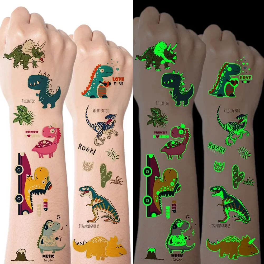 10 szt. Świecące Dinozaury Wodoodporne Tatuaże Tymczasowe Naklejki Syrenka Lew Flash Tatuaż Ramię Ciało Sztuczne Tatuaże