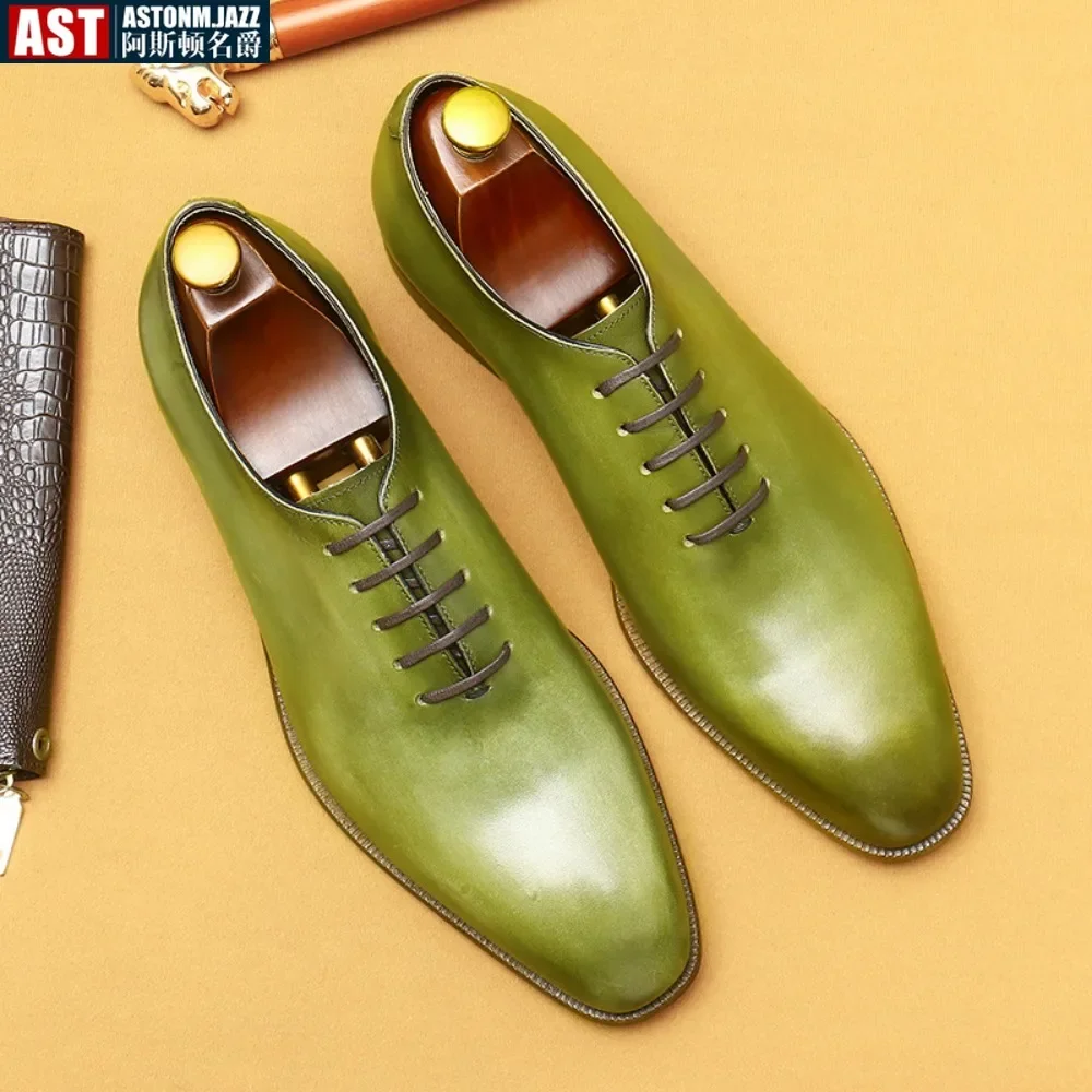 Men Mirror Face Oxfords Shoes Luxury Designer Formal Shoes Patent Leather Pointed Shoes Lace-Up Business Dress Green Mocasines