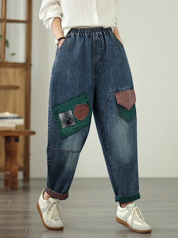 Waed out المطرزة اللون Blo Distred الدينيم الجينز حجم كبير المرأة عادية أبي هارلان السراويل فضفاضة تنوعا عالية الخصر #3
