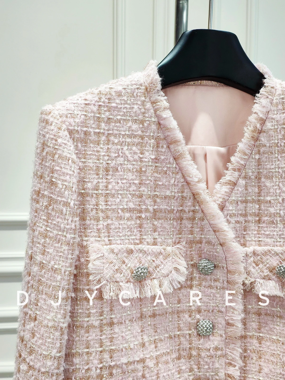New  Bold woolen fashion handmade V-neck pink jacket with temperament top big size