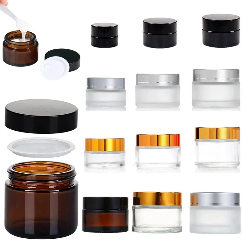 

10Pcs 5g-50g Amber Clear Cosmetic Glass Jars Face Cream Bottles Portable Travel Lotion Pots Storage Container With Lids & Liners