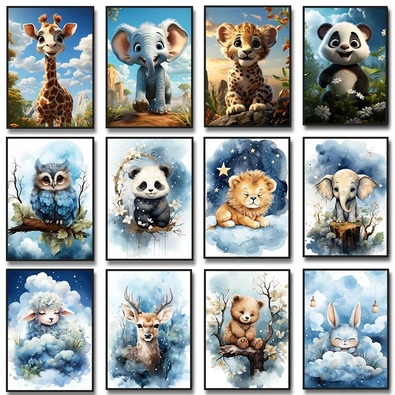 Baby Forest Animal Rabbit Fox Bear Giraffe Panda Elephant Wall Art Canvas Painting Nordic Poster Prints Pictures Kids Room Decor