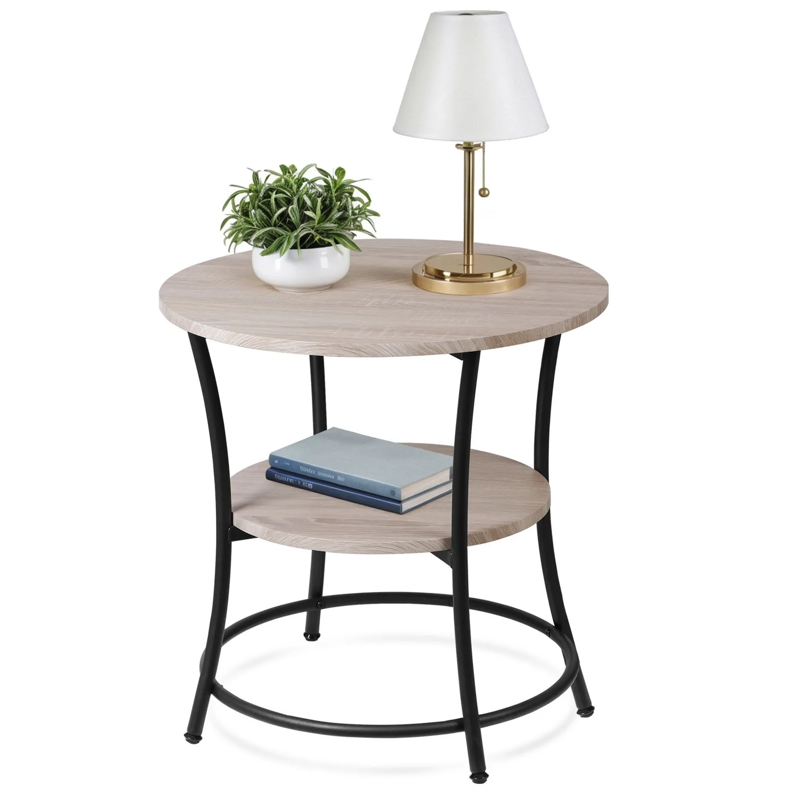 

Round End Table w/ 2-Tier Storage Shelves Industrial Side Table for Living Room United States