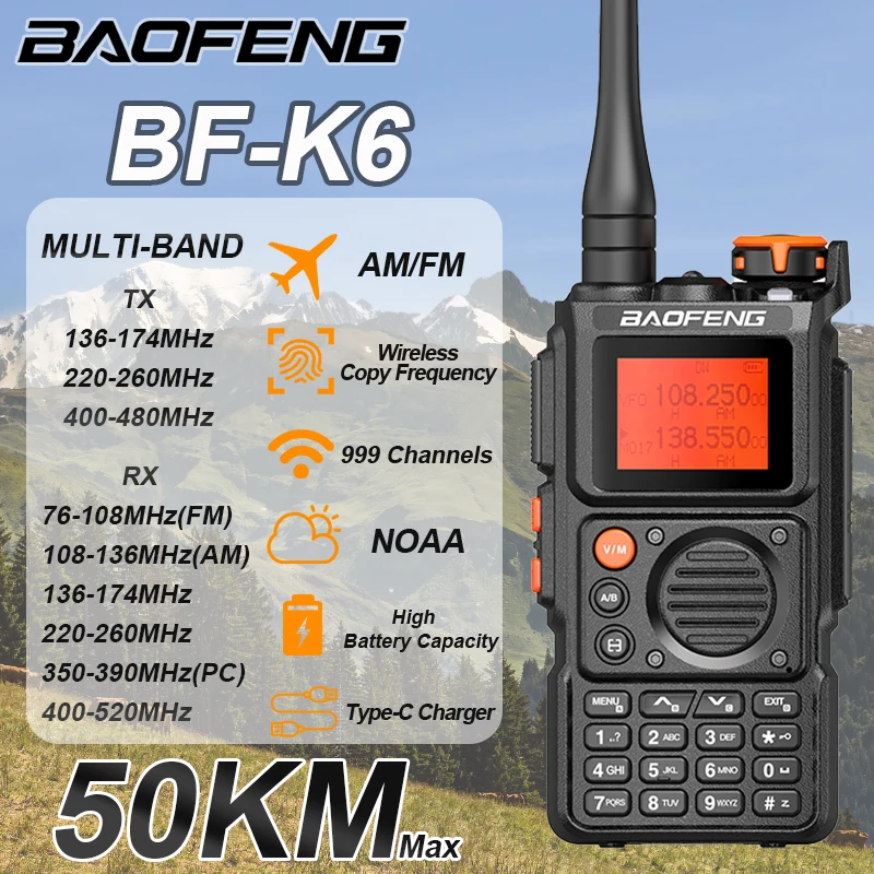 

New Baofeng K6 Walkie Talkie Portable Air Band AM Radio Type-C UHF VHF Six Band Long Range Wireless Copy Frequency Two Way Radio