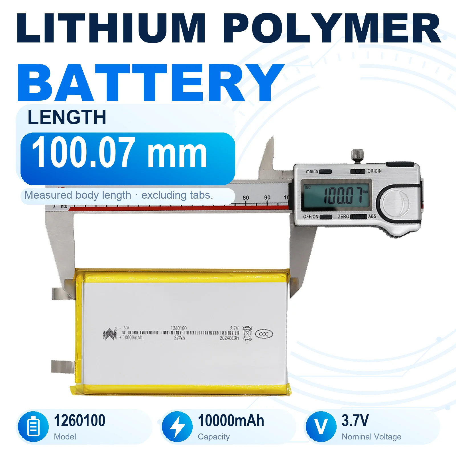 1260100 3.7V 10000mAh Rechargeable LiPo Battery 12x60x100mm Lithium Polymer Pouch Cell with Flat Metal Tabs