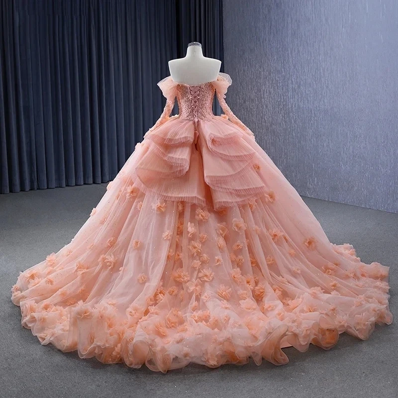 สีชมพูอ่อนเจ้าหญิงบอลชุด Quinceanera ชุด 3D Flora ลูกไม้ลูกปัด Tull แขนยาวชุดวันเกิด Vestidos De 15 Anos