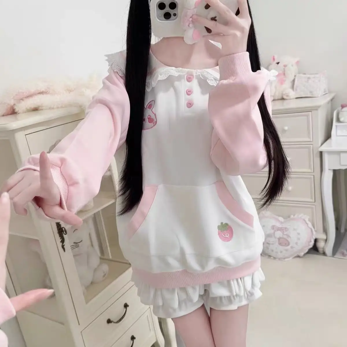 Moletom Feminino Estilo Japonês com Gola Solta, Novo Estilo Outono Inverno, Estampa Morango e Coelho, Gola Marinheiro, Top Fo...