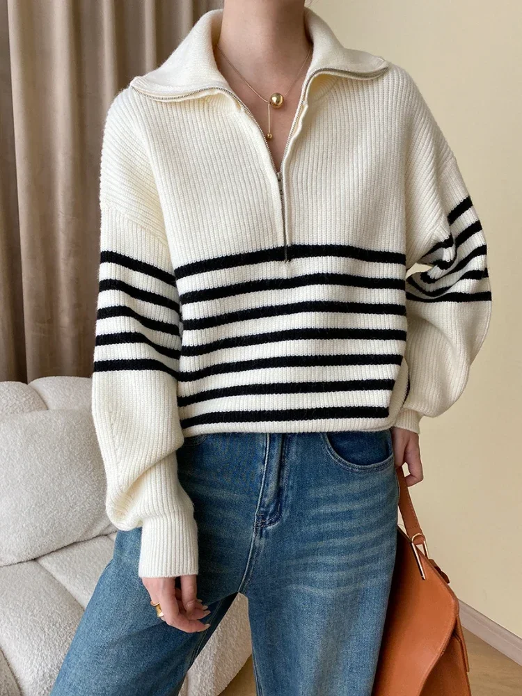 Zipper Turn-down Collar Pullover Women Casual Black White Stripe Korean Style Sweater Loose Knitted Long Sleeve Vintage Sweaters