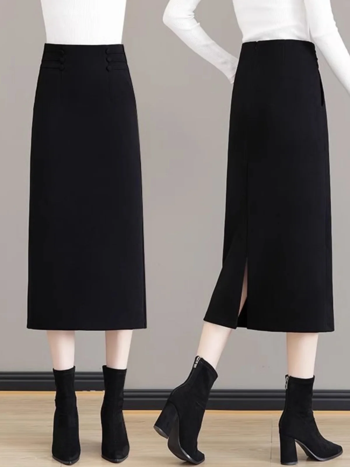 Elegant High Waist A-Line  Skirt for Women Winter 2024 Commute Style Floor Length Woolen Asymmetrical Hem Skirts