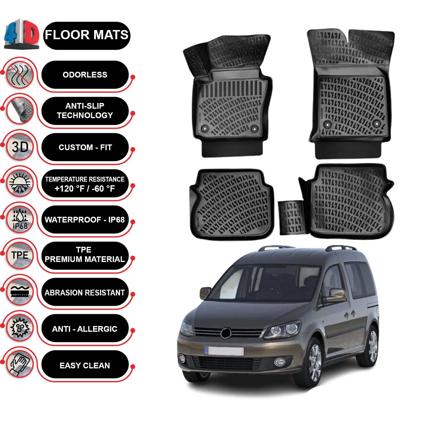 Volkswagen Caddy - (2003-2010) Floor Mats Liner Waterproof 3D - (Black)