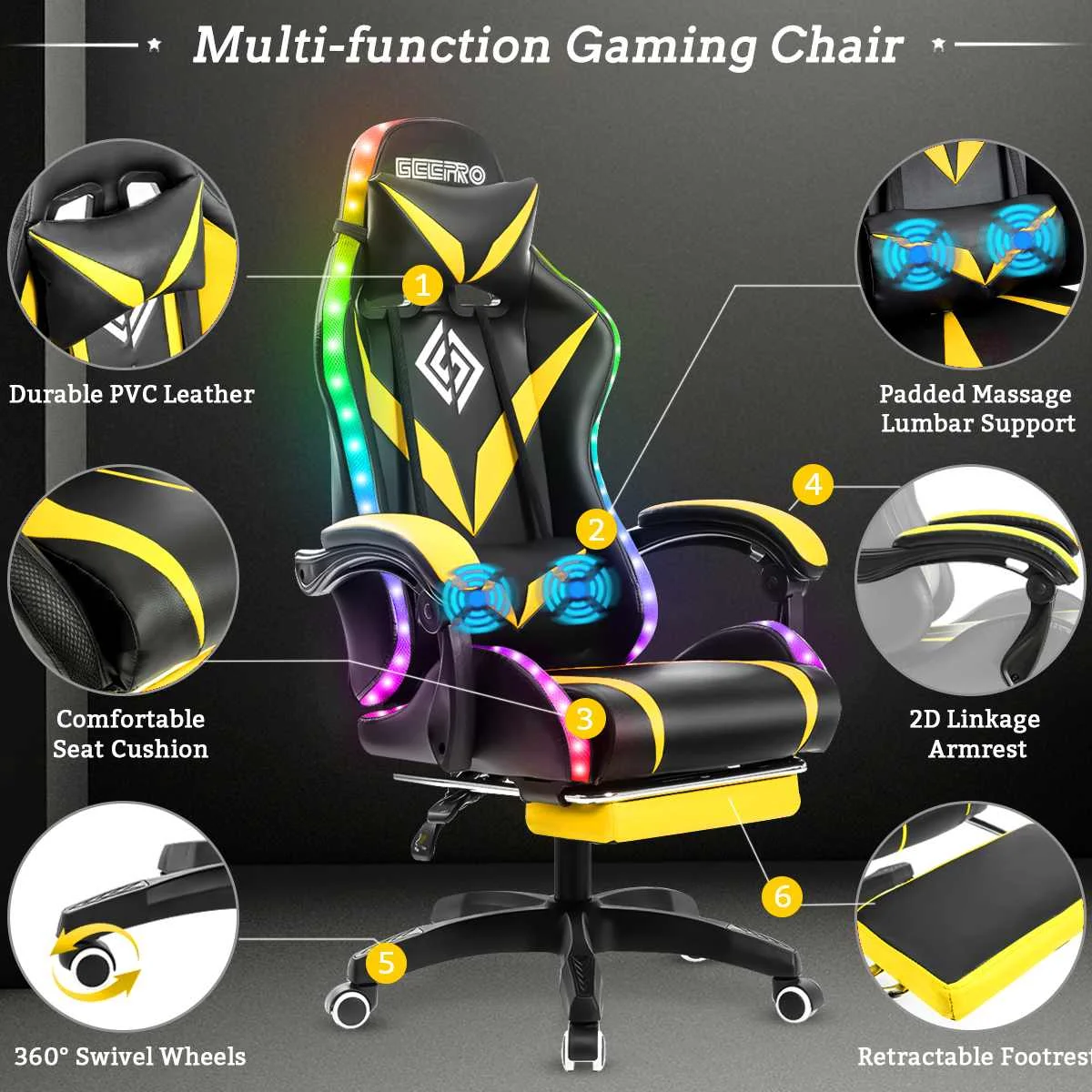 RGB Light Gaming Chair Office Chair Gamer Computer Chair Ergonomic Swivel Chair 2 Point Massage & 135° Reclining with Footrest