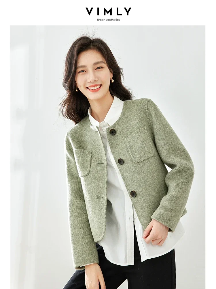 Vimly Double Faced Wool Blend Short Coat for Women 2023 Winter Fashion Office Ladies Single Breasted Long Sleeve Outerwear 50658