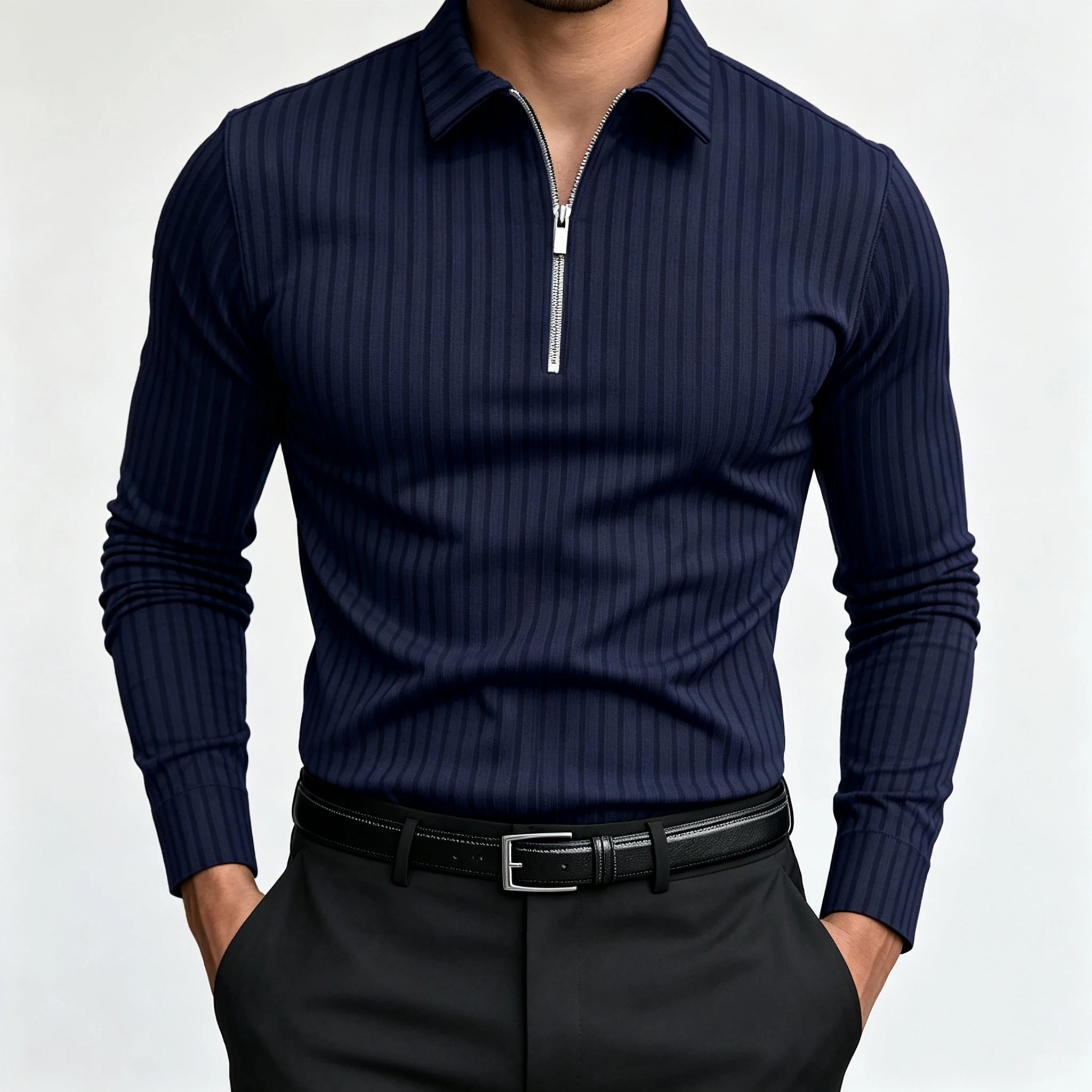 Autumn Winter Men Clothes Long Sleeve Lapel Polo Shirt Men Business Casual Golf Zipper Stripe Polo Shirt Tops