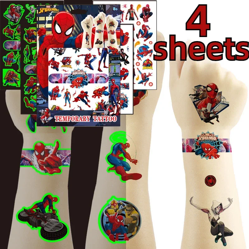 4pcs/set Spiderman Tattoo Stickers Cartoon Disney Stickers Disposable Tattoo Decal Kids Birthday Party Decoration Toys