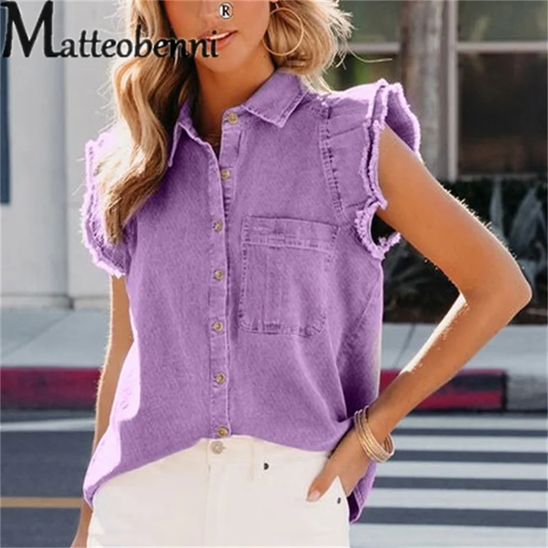 

Summer Sleeveless Sweet Style Denim Jacket Women's Single-breasted Cardigan Coat Ladies Casual Lapel Collar Outerwear Vest 2023