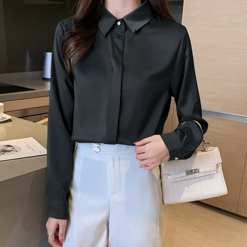 2023 Autumn Women\'s Shirts Satin Blouse for Women Long Sleeve Shirt Silk White Shirt OL Woman Solid Blouses Pullover Ladies Tops