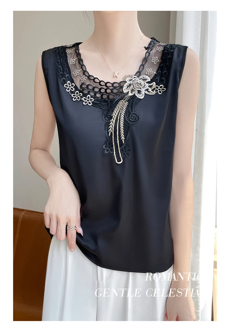 Gilet da donna, fondo con bretelle, top primaverile ed estivo con fondo in seta e girocollo in pizzo, versatile stile ampio in raso di seta senza maniche, fondo alto