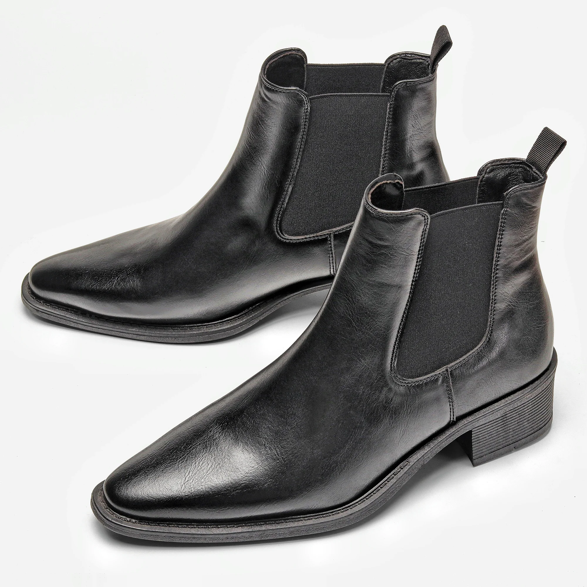Chelsea Boots For Man Black Pointed Toe Ankle Boots Elastic Side Pull On Mens Boots Smart Casual Block Heel