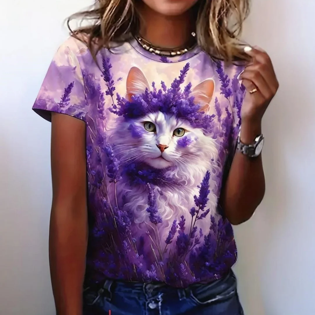 

Cartoon Cat Women's T-shirt Summer Casual Short Sleeve Fashion Round Neck Top 3D Animal Printing OverSize Women's Clothing
