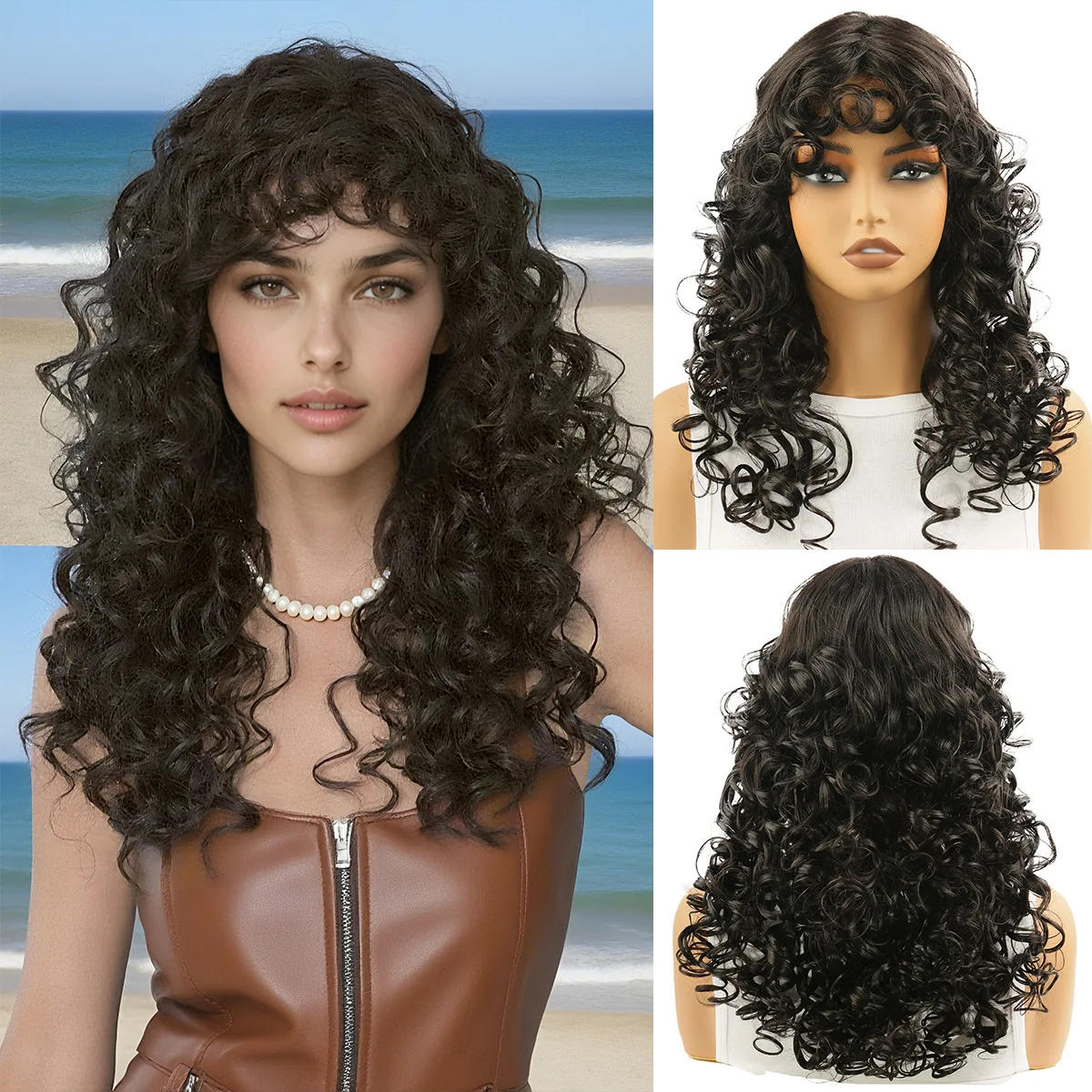 

urly Wig with Bangs for Women 18 Inch Natural Black Curly Shag Hair Wig, Kinky Curls with Wispy Bangs Heat Resistant Synthetic