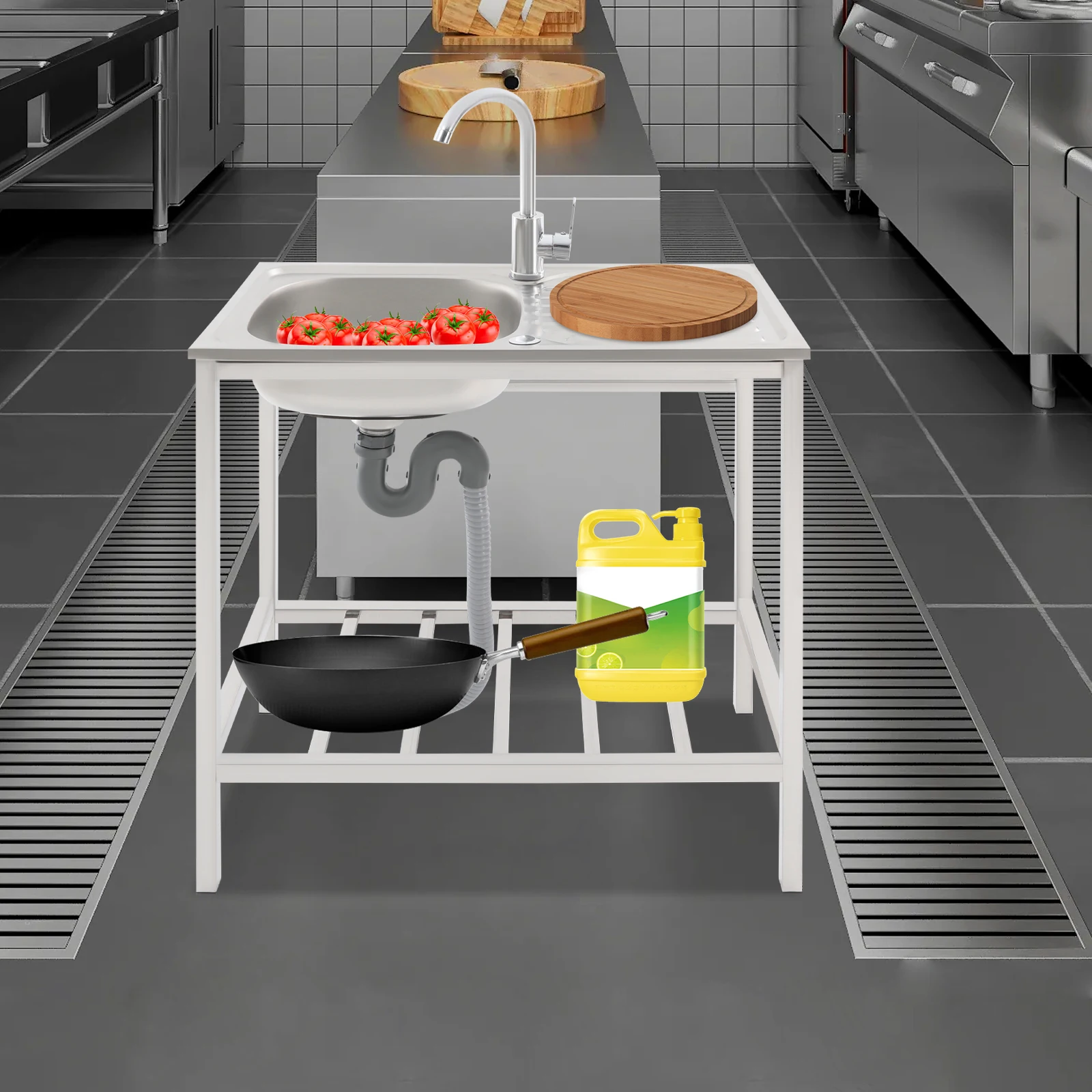 

Sink with Operation Countertop and Bottom Shelf, Kitchen Single Bowl Sink, Free Standing Sink，Outdoor sink