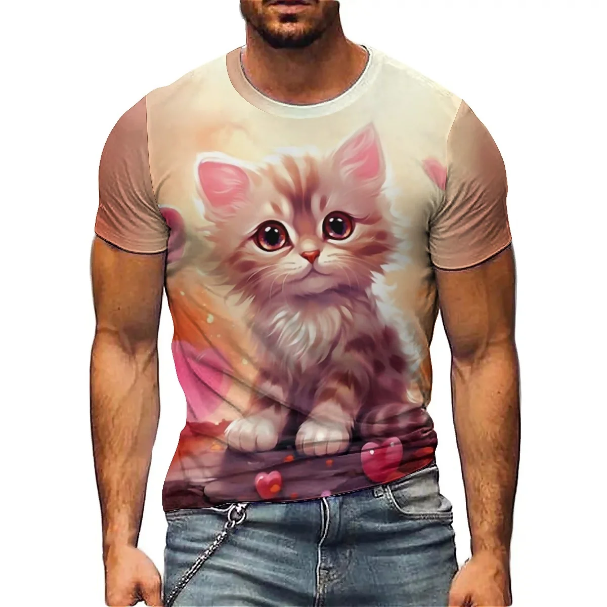 Novel Loose Color Visual Effect Men's 3D Printed Short-Sleeve T-Shirt - Full-Body Print Top