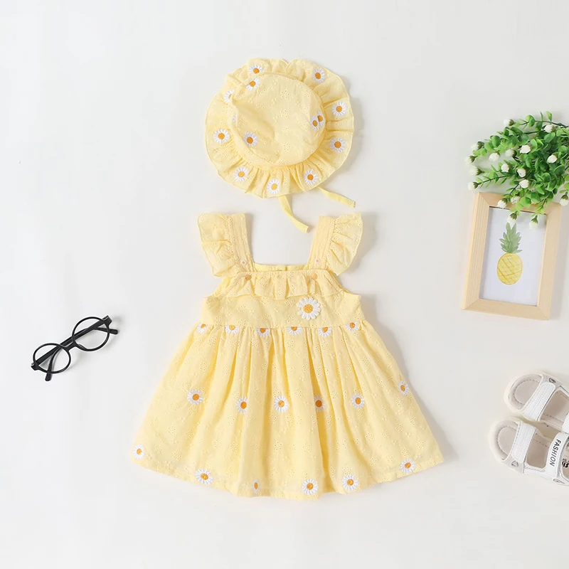 2 pieces Set summer New girl Dress Set +hat sweet bow flower Soft Baby dress newborn Sling Cute beach aged 0 to 2 Baby dress