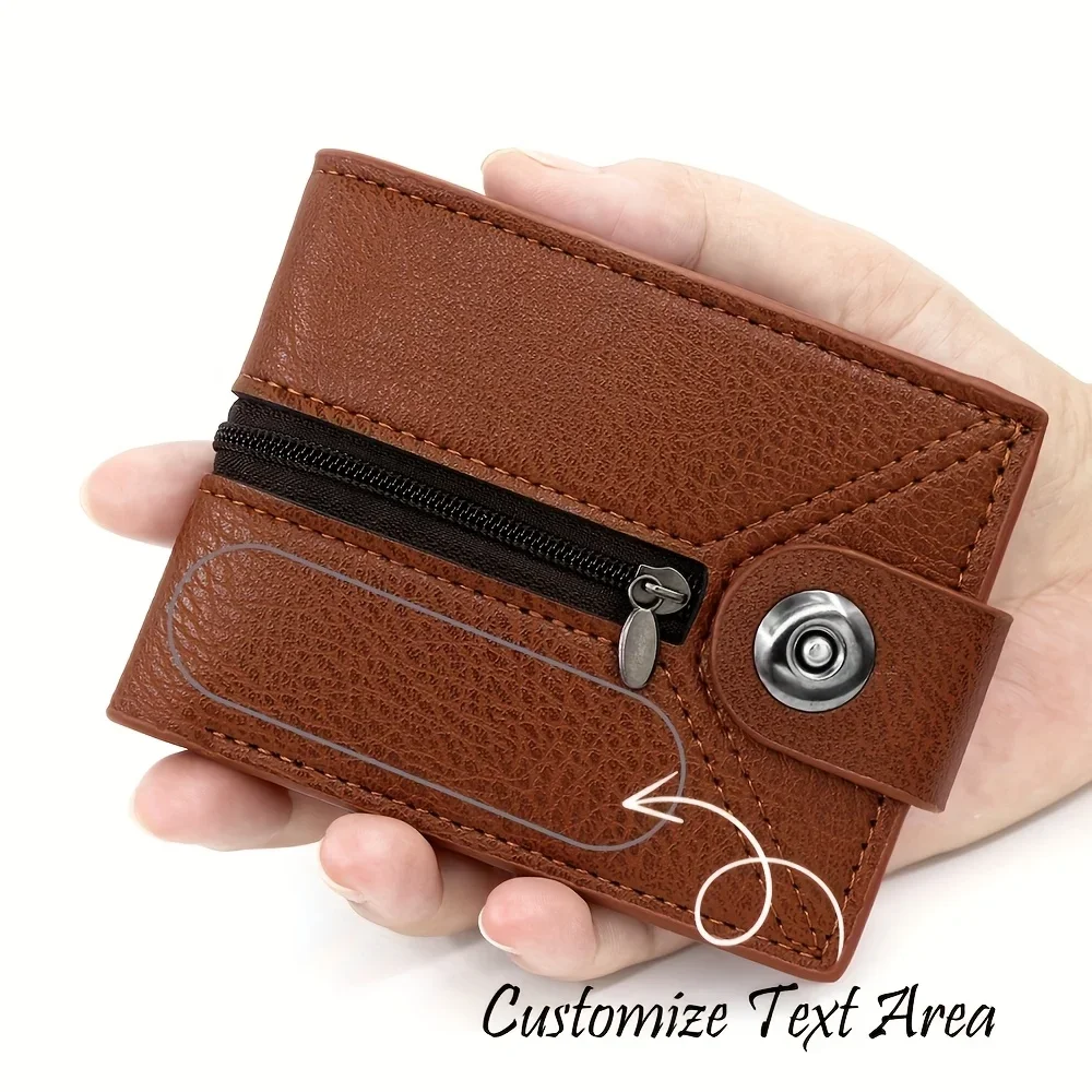 Carteiras curtas masculinas de couro PU com nome gravado personalizável com zíper, bolsa com detalhe de fivela com nome personalizado, presentes para o dia dos pais
