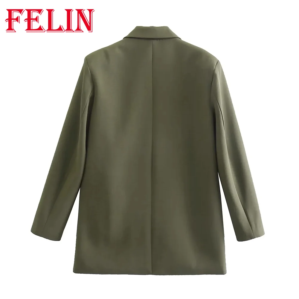 TRAF 2023 Women Loose Double Breasted Vintage Blazer Long Sleeve Chic Office Lady Female Outerwears Autumn Winter Fashion Coats