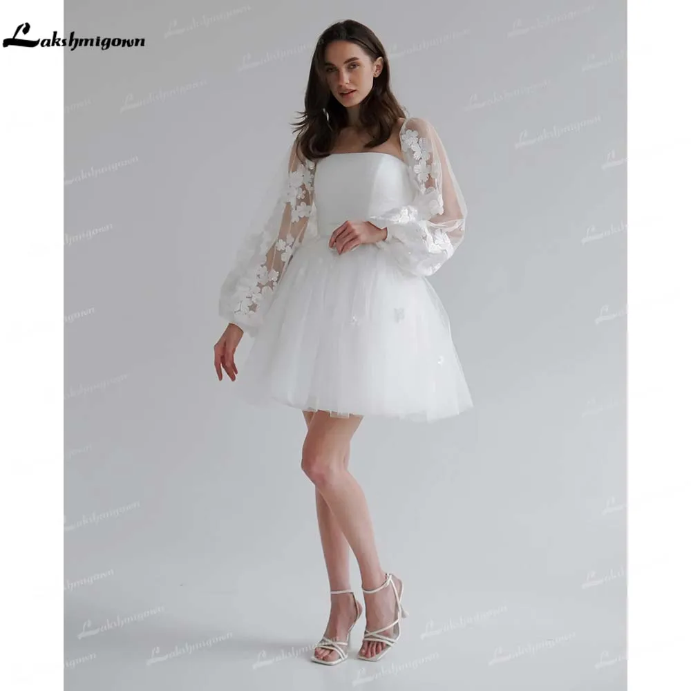 

Lakshmigown кружевное короткое свадебное платье с длинными рукавами и квадратным вырезом с открытой спиной, трапециевидное свадебное платье с бантом, Vestidos De Novia по индивидуальному заказу