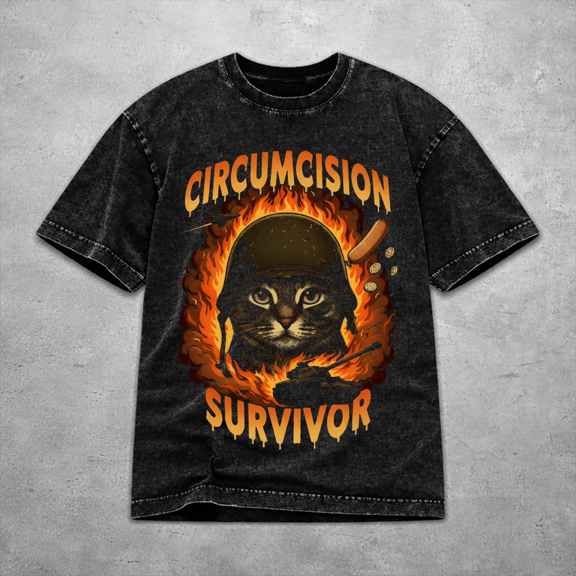 Vintage Men Women Circumcision Survivor Funny Cat Meme  Tee Shirt Oversize Washed  T Shirts Clothes