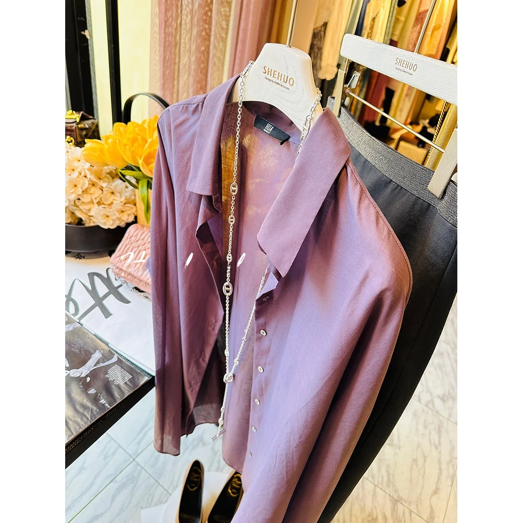 

Ele lectual Chic Low-profile Bean Paste Purple Super Beautiful Simple OL irt Cotton Long Sve Commute Sle Pure...
