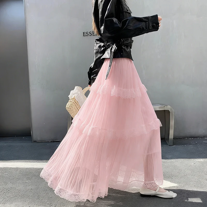 Retro Süßer Weißer Langer Rock für Damen, Lässiger Lockerer Rock mit Hoher Taille, Eleganter Vintage-Rock mit Spitzenbesatz, Koreanischer Sommer-Langrock – Detail 13