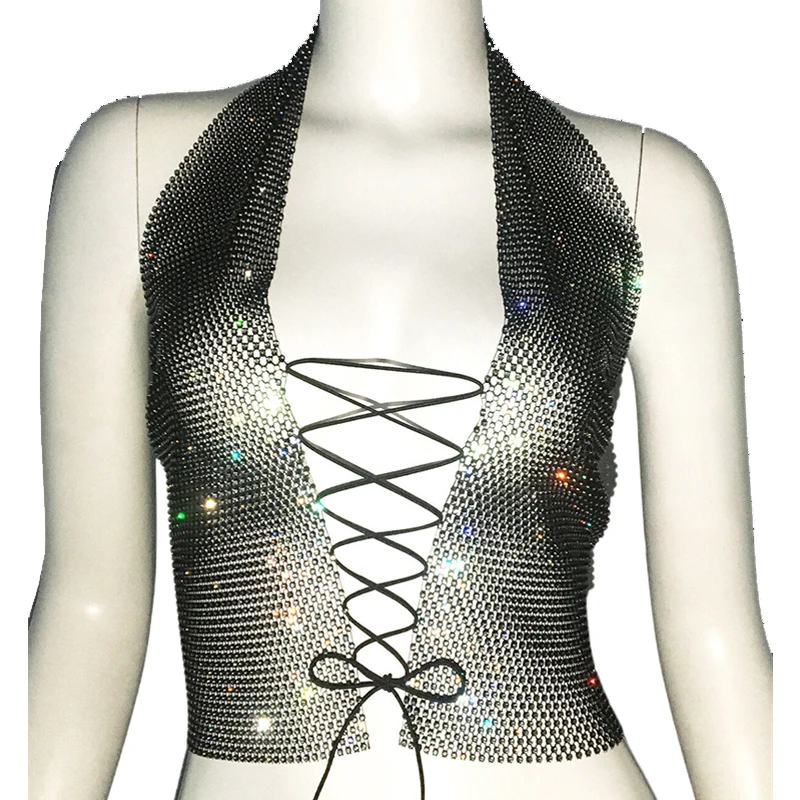 Damen Glitzer-Strass-Netz-Haltertop mit tiefem V-Ausschnitt, Schnürung vorne, transparent, für Club, Party, Strand, ärmelloses Tanktop – Detail 5