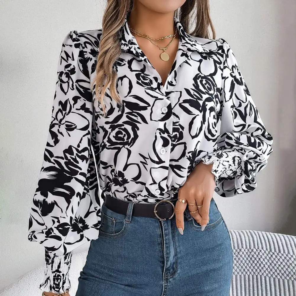 Women Casual Shirt Lantern Sleeve Floral Pattern Women's Shirt with Single Breasted Closure Casual Streetwear Top for Women Long