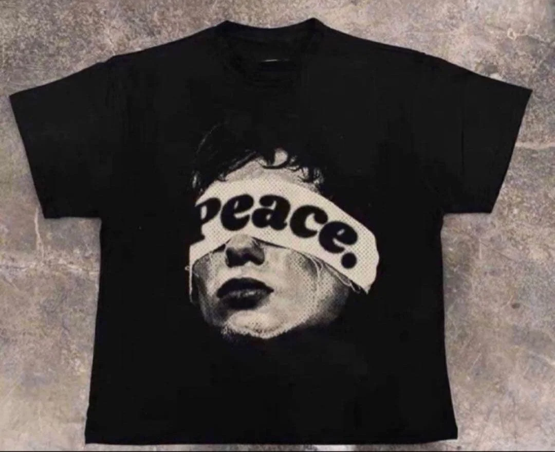 Y2K Gothic Blindfolded Portrait Peace Letter Graphic T-Shirt Cotton Men Women Streetwear Tee