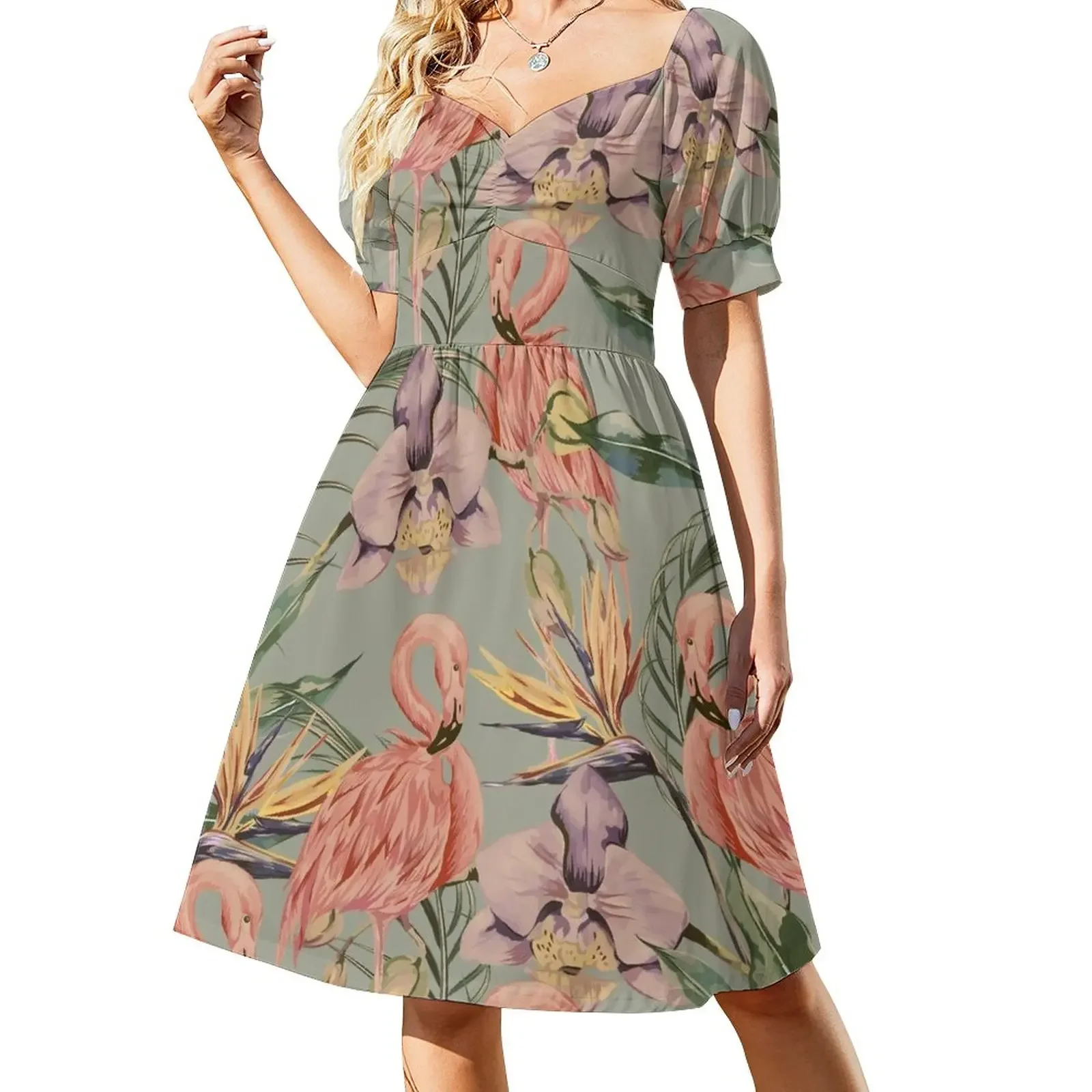 Vintage Flamingo Orchid Pattern Tropical Summer Sleeveless Dress summer dress Dress women