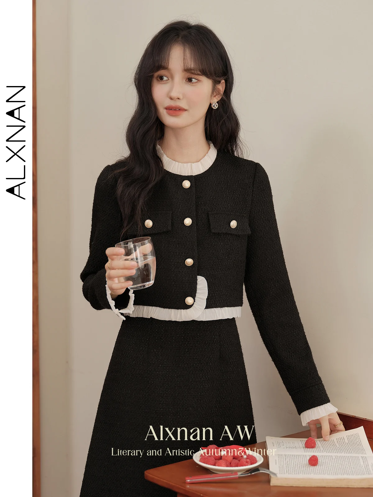 

ALXNAN Women 2 in 1 Tweed Dresses Patchwork Agaric O-neck Long Sleeve Metal Button Midi Dress Winter Commuter Clothing L52011