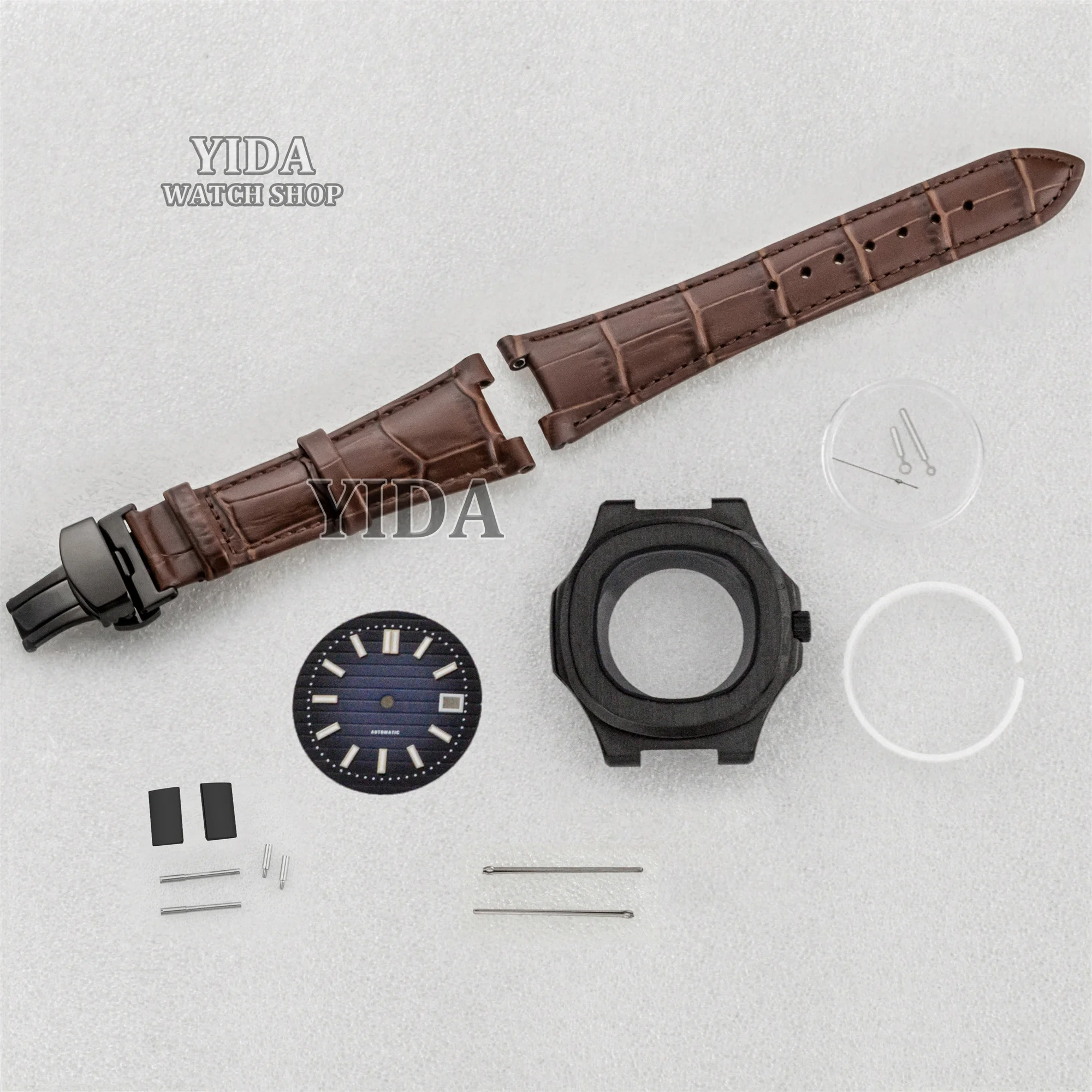 

For Nautilus Watch Case Genuine Leather Band Green Luminous Dial Hands Sapphire Glass 41mm Waterproof Case Fit NH35 Movement MOD